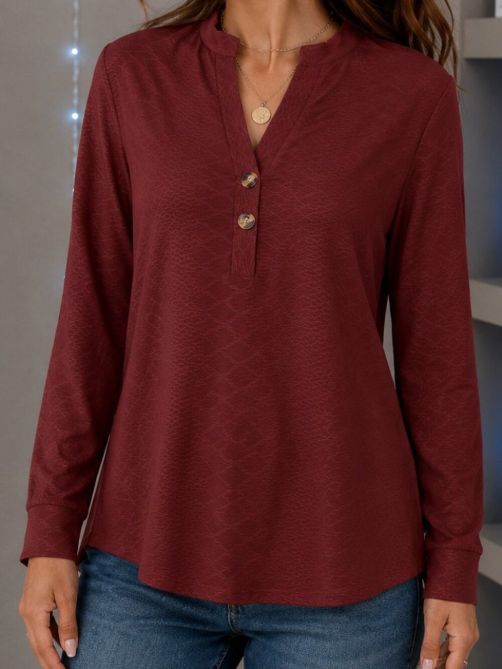 Women’s Wine Red V-Neck Long Sleeve Tunic Blouse Top XXL